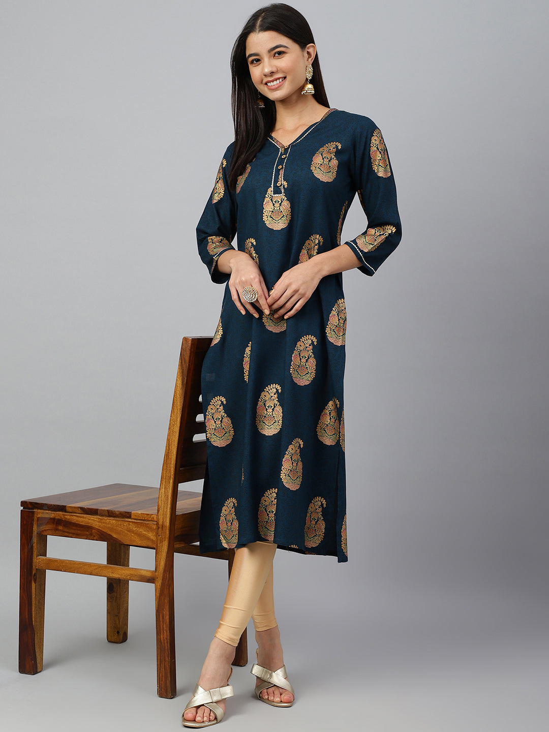 Janasya Women's Teal Blue Rayon Paisley Foil Print Casual Straight Kurta - Distacart