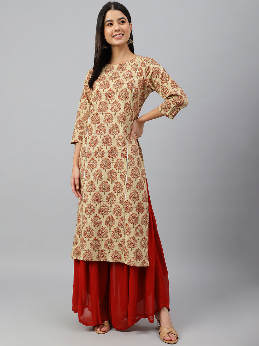 Janasya Women's Beige Cotton Ethnic motifs Casual Straight Kurta - Distacart