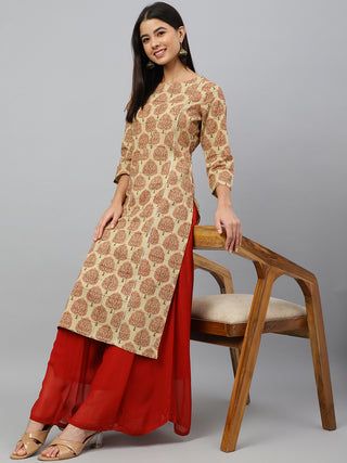 Janasya Women's Beige Cotton Ethnic motifs Casual Straight Kurta - Distacart