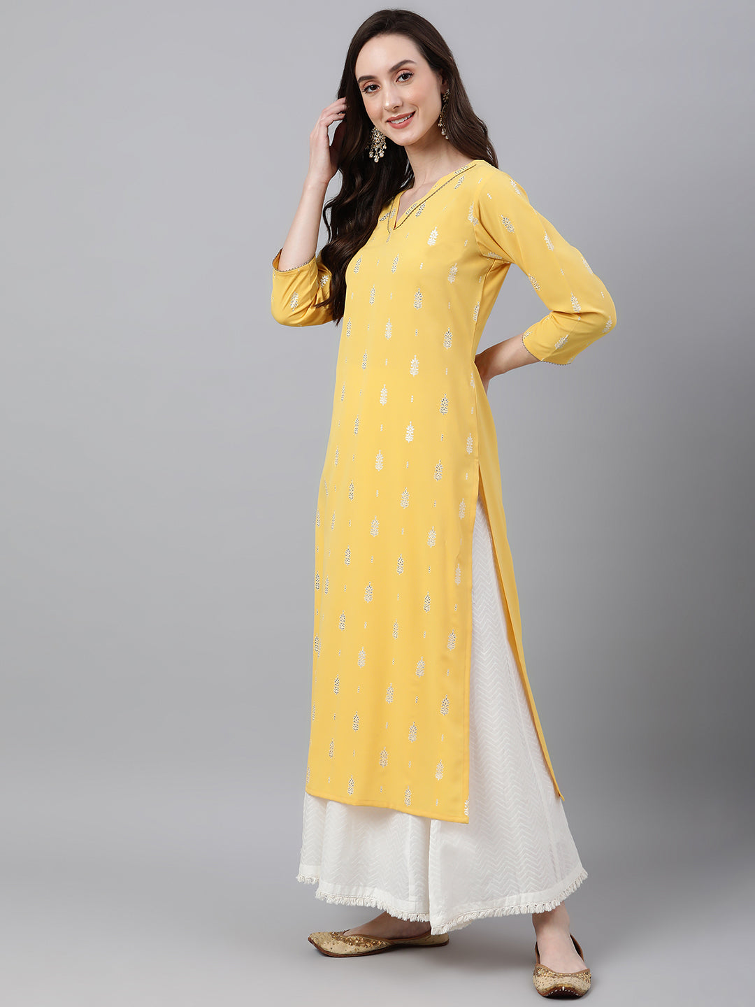 Janasya Women's Mustard Crepe Foil Print Casual Straight Kurta - Distacart
