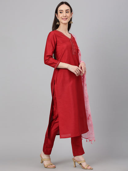 Janasya Women's Maroon Crepe Silk Solid Straight Festival Kurta Set - Distacart