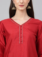 Thumbnail for Janasya Women's Maroon Crepe Silk Solid Straight Festival Kurta Set - Distacart