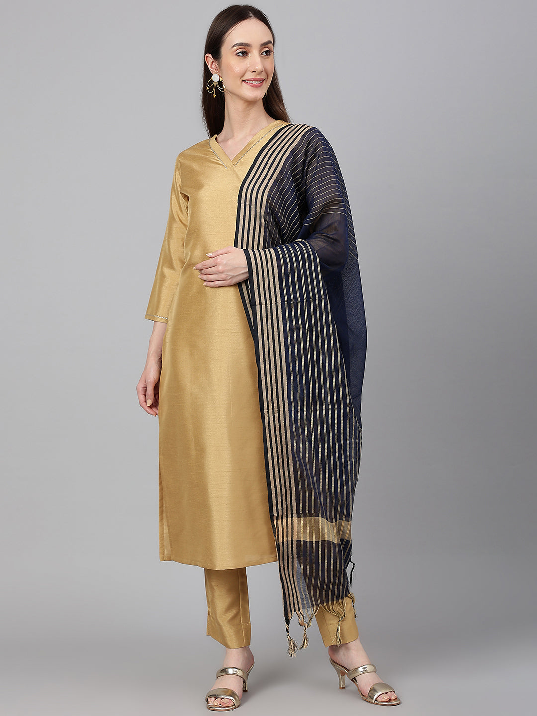 Janasya Women's Gold Crepe Silk Solid Straight Festival Kurta Set - Distacart