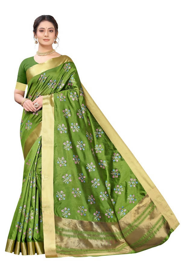 Vamika Green Cotton Polyster Silk Weaving Saree (Kerala Cherry)