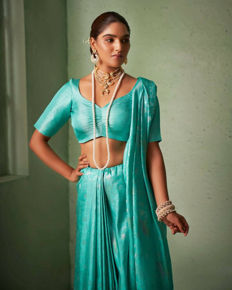 Glamorous Designer Turquoise Color Kanjivaram Silk Saree With Weaving Work - Yomika Fashions - Distacart