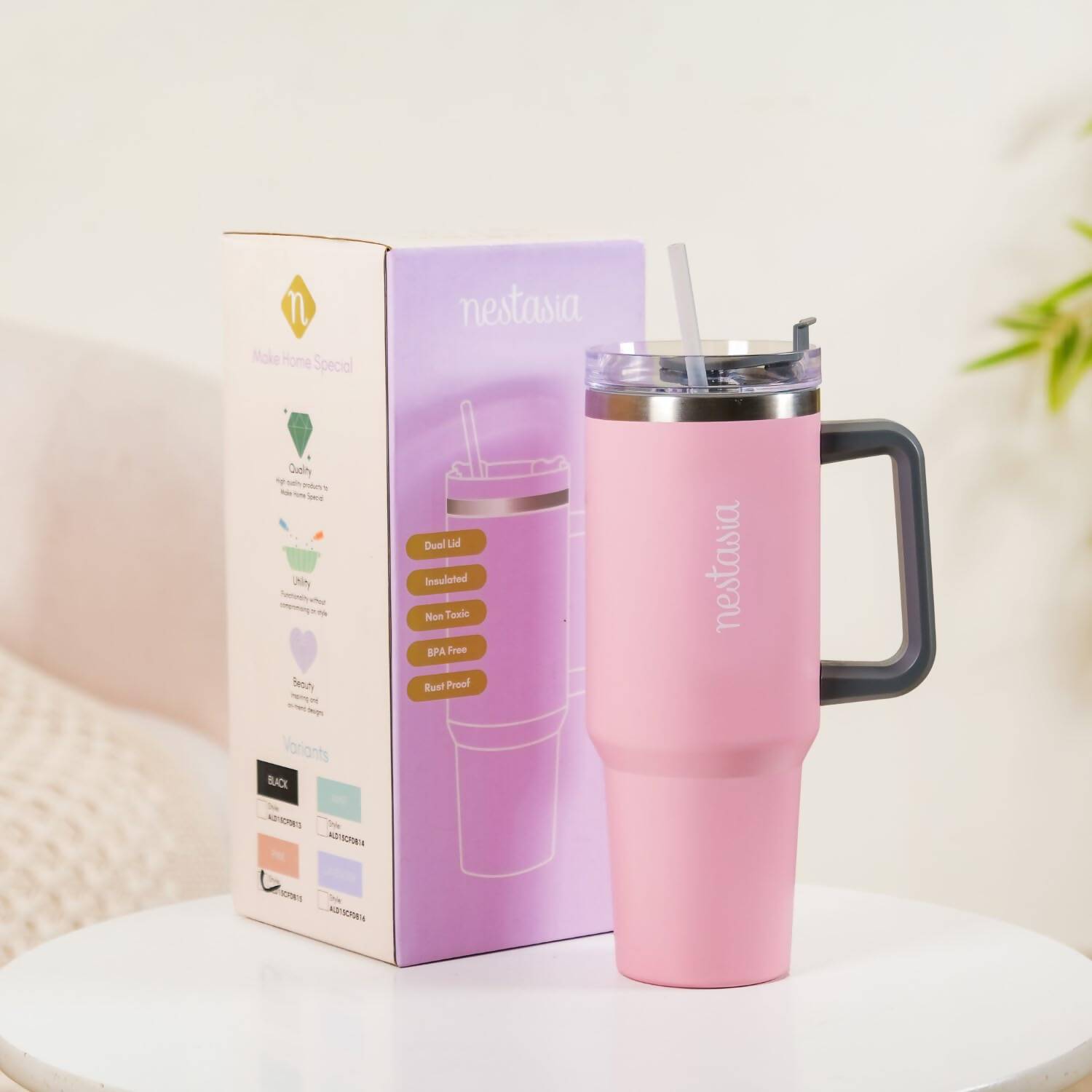 Nestasia Tumbler with Handle Straw & Lid - 1.2L (Pink) - Distacart