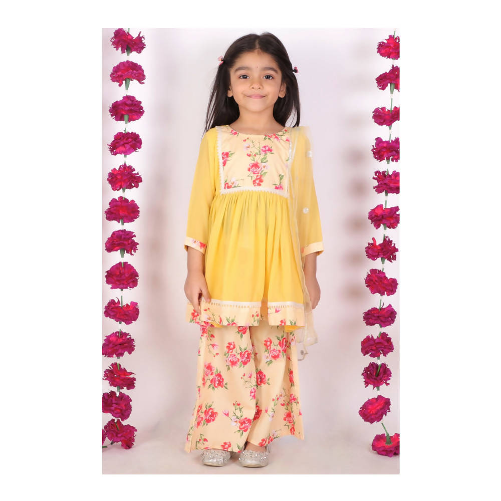 Little Bansi Rose print Kurta Frock with Floral Plazzo and Dupatta - Yellow
