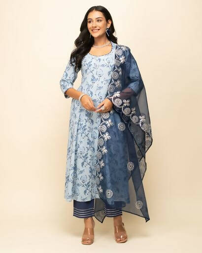 FIORRA Women's Light Blue Cotton Flared Kurta Pant with Dupatta - Distacart