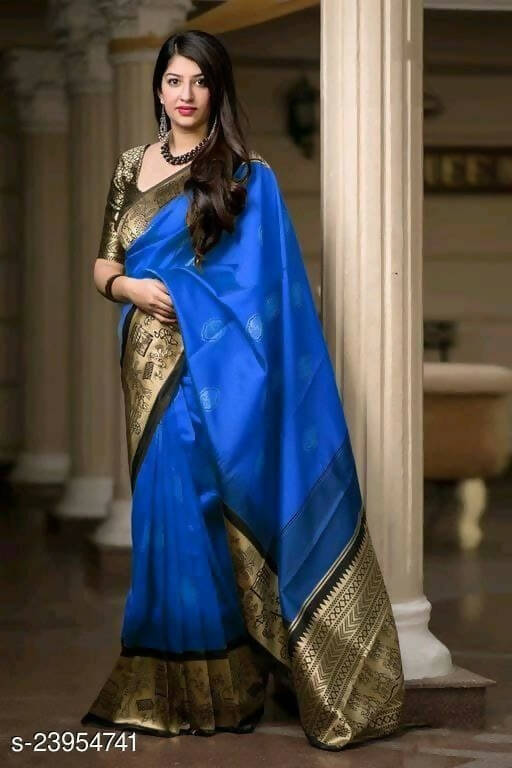 DEIANA'S Beautiful Golden Jari with New Design Soft Lichi Silk Saree - Royal Blue - Distacart