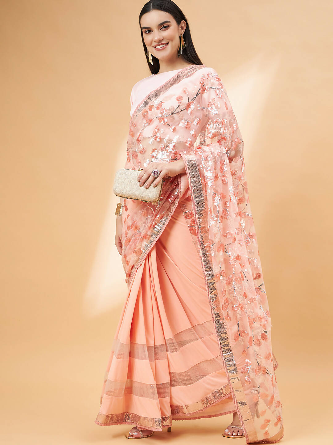 Peach Lycra Sequin Embroidery And Frills Saree - Norita Hit Design - Distacart