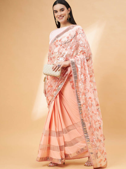 Peach Lycra Sequin Embroidery And Frills Saree - Norita Hit Design - Distacart