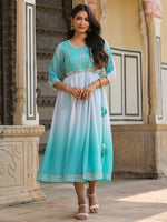 Thumbnail for Juniper Women Teal Georgette Embroidered Maxi Dress - Distacart
