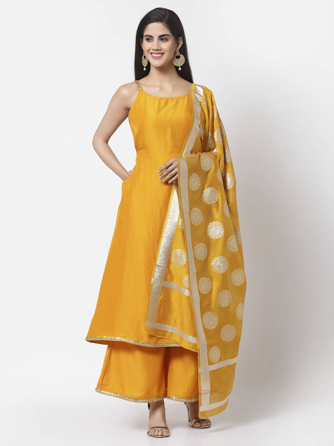 Myshka Women Yellow Silk Blend Solid Sleeveless Round Neck Neck Kurta Palazzo Dupatta Set