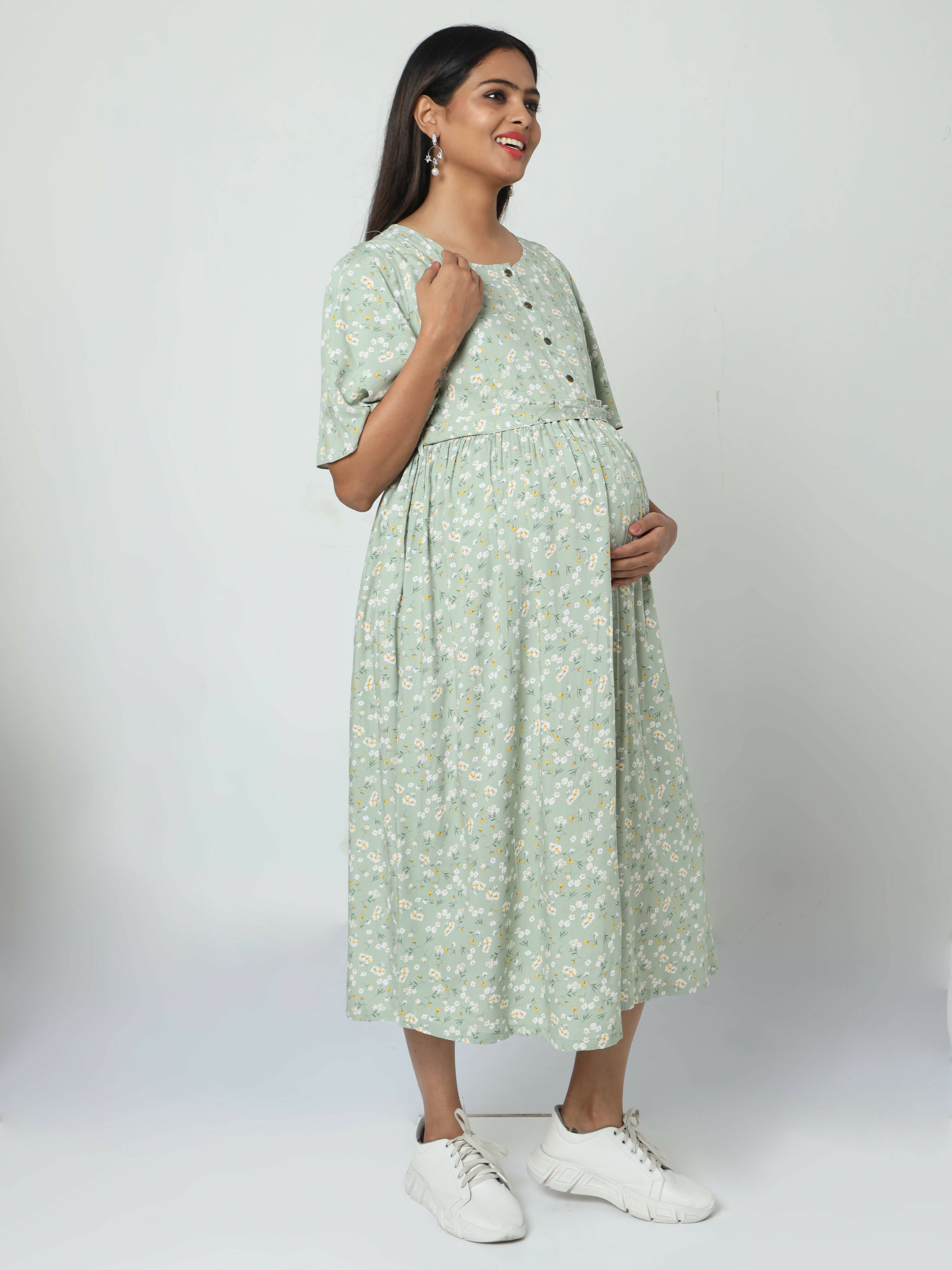 Manet Frill Slevees Maternity Dress Floral Print With Concealed Zipper Nursing Access - Green - Distacart