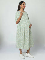 Thumbnail for Manet Frill Slevees Maternity Dress Floral Print With Concealed Zipper Nursing Access - Green - Distacart
