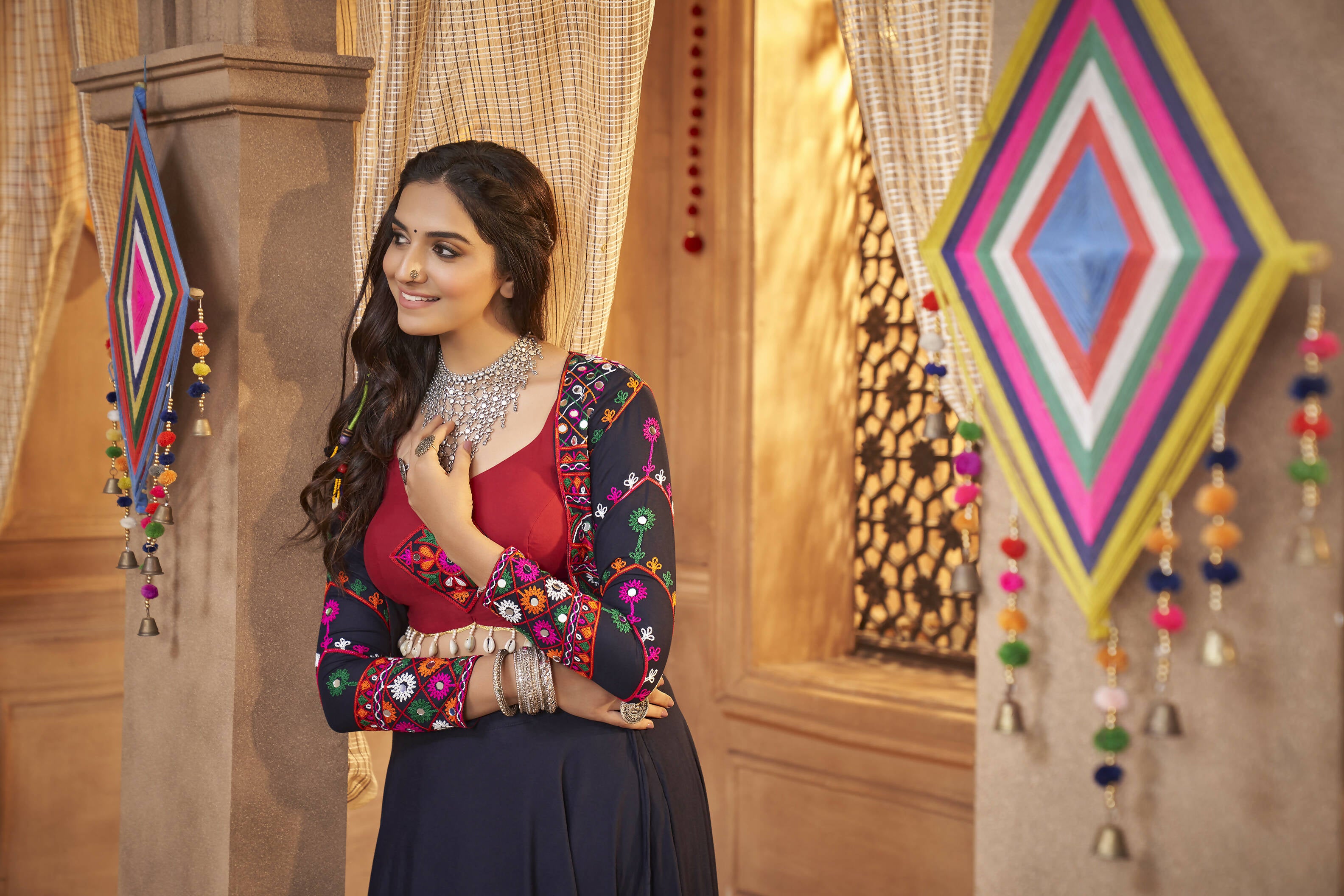 Navy Blue Viscose Rayon Thread Embroidered Work With Mirror All Over Navratri Lehenga Choli With Dupatta - Raas - Distacart