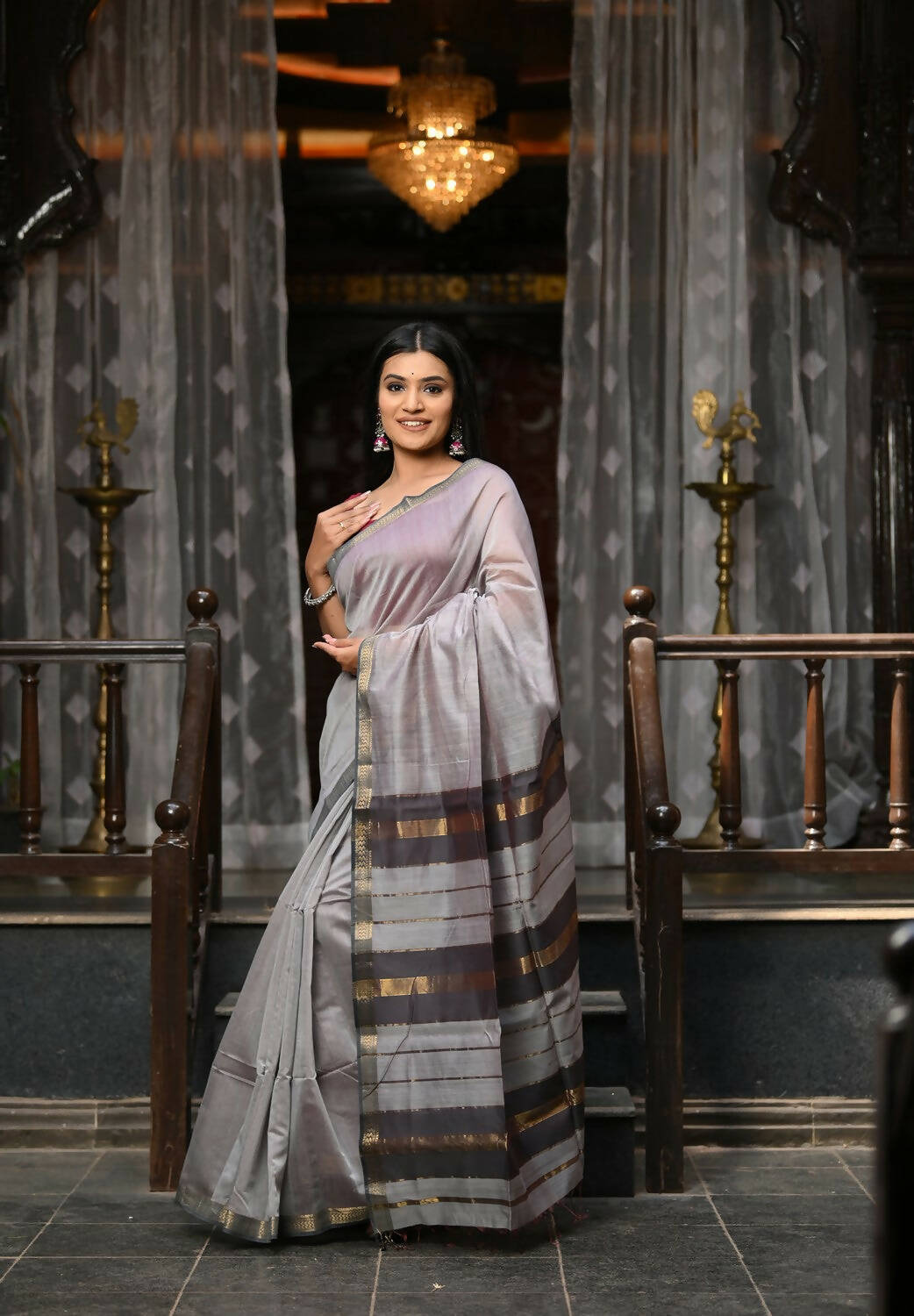 Very Much Indian VMI Exclusive Designer! Handloom Cotton Silk Saree With Sleek Golden Border - Grey Shade - Distacart
