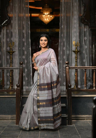 Very Much Indian VMI Exclusive Designer! Handloom Cotton Silk Saree With Sleek Golden Border - Grey Shade - Distacart