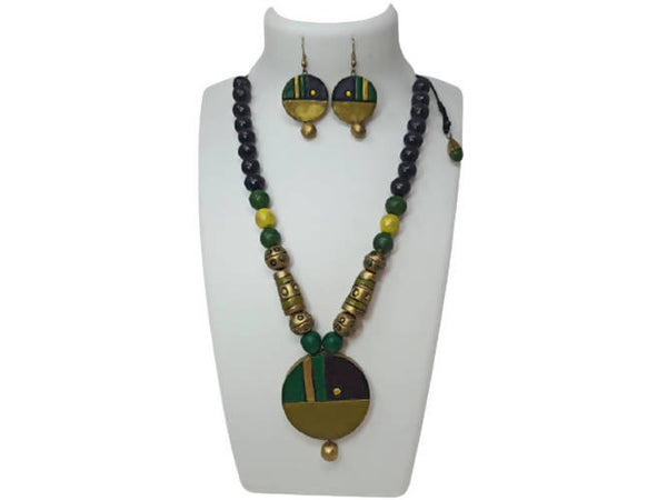 Terracotta Round Pendant Boho Style Medium Necklace Set With Hangings