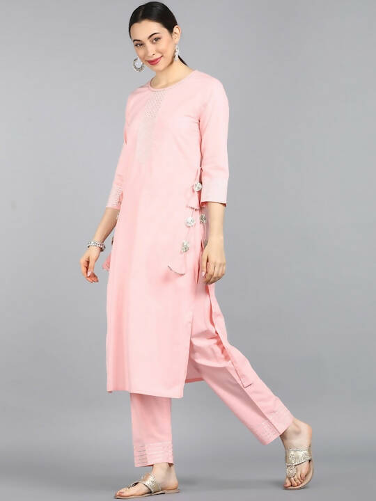 Ahika Women Pink Regular Gotta Patti Pure Cotton Kurta with Trousers & Dupatta - Distacart