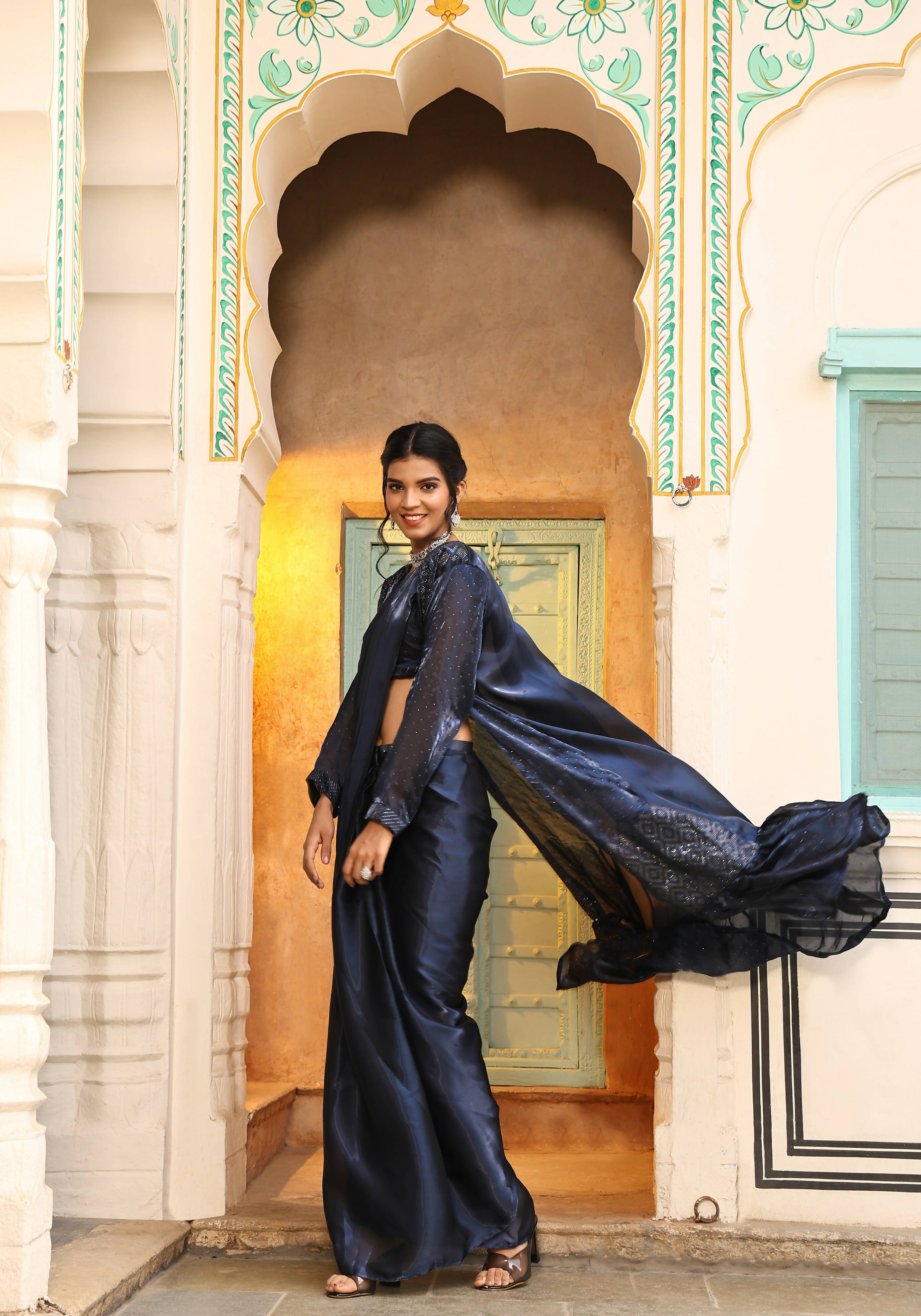 Navy Blue Tom Silk Plain Ready To Wear Saree With Stitched Blouse - Satiksha - Distacart
