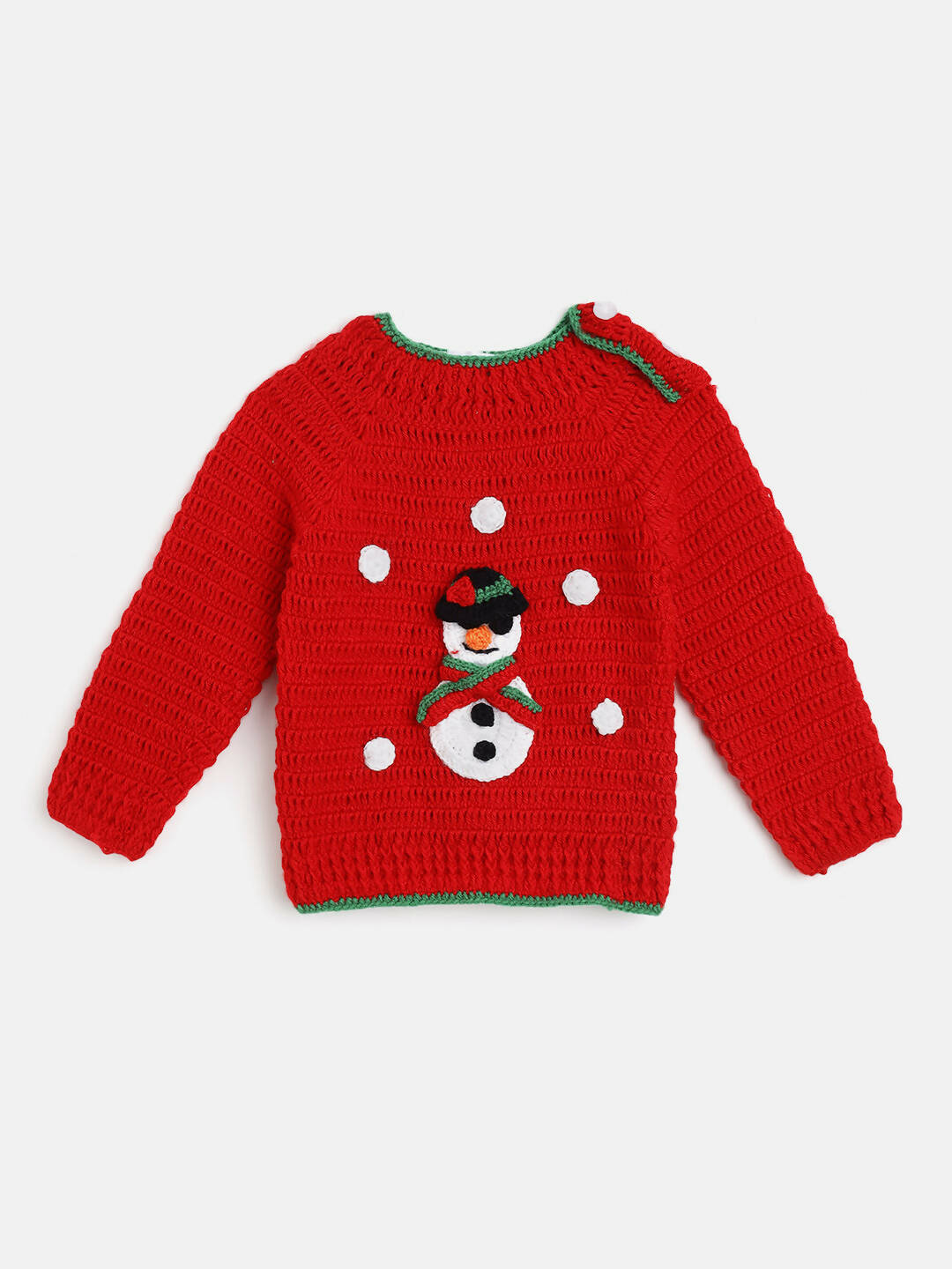 Chutput Kids Woollen Hand Knitted Full Sleeves Snowman Detail Sweater With Cap - Red - Distacart