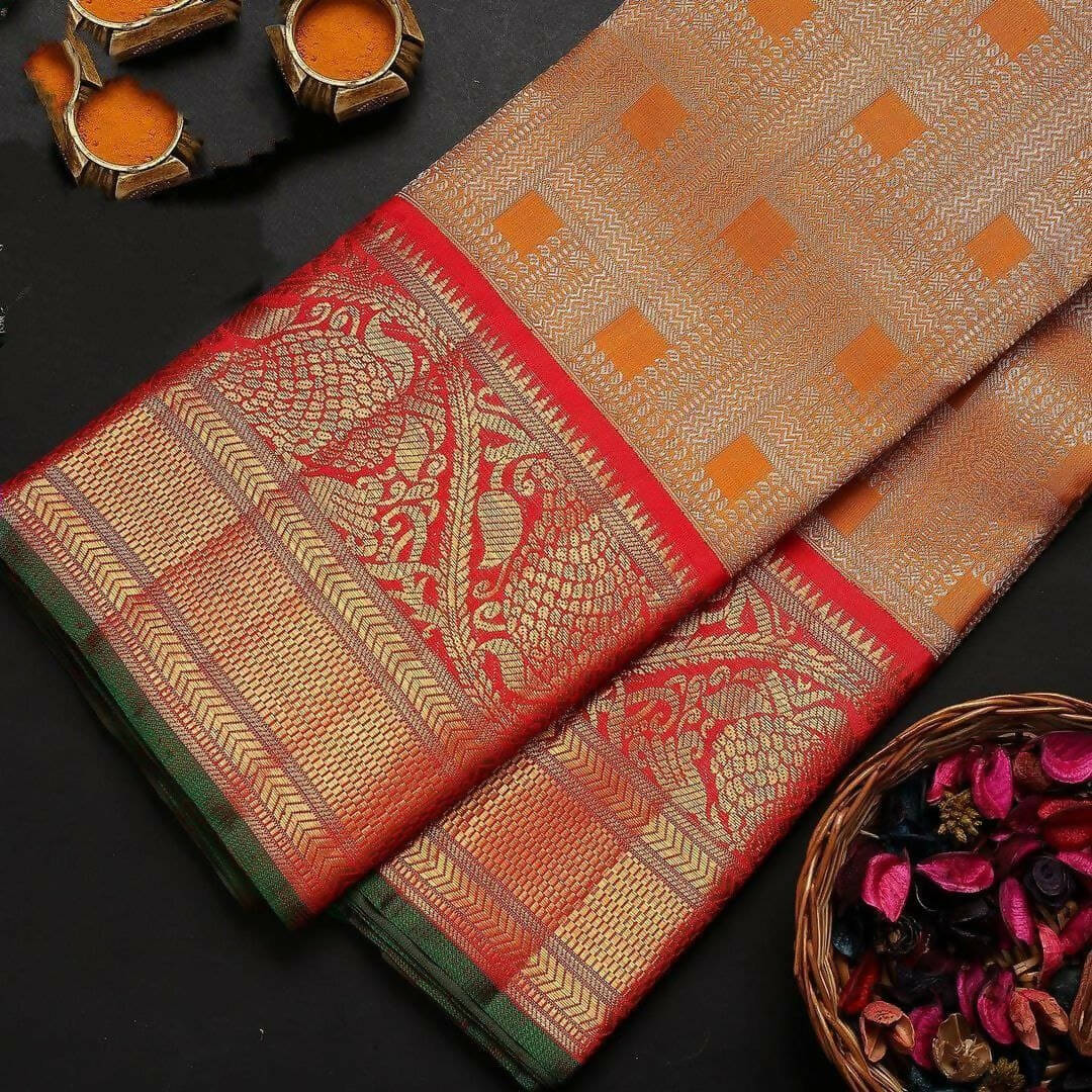 DEIANA'S Beautiful Golden Jari with New Design Soft Lichi Silk Saree - Orange - Distacart