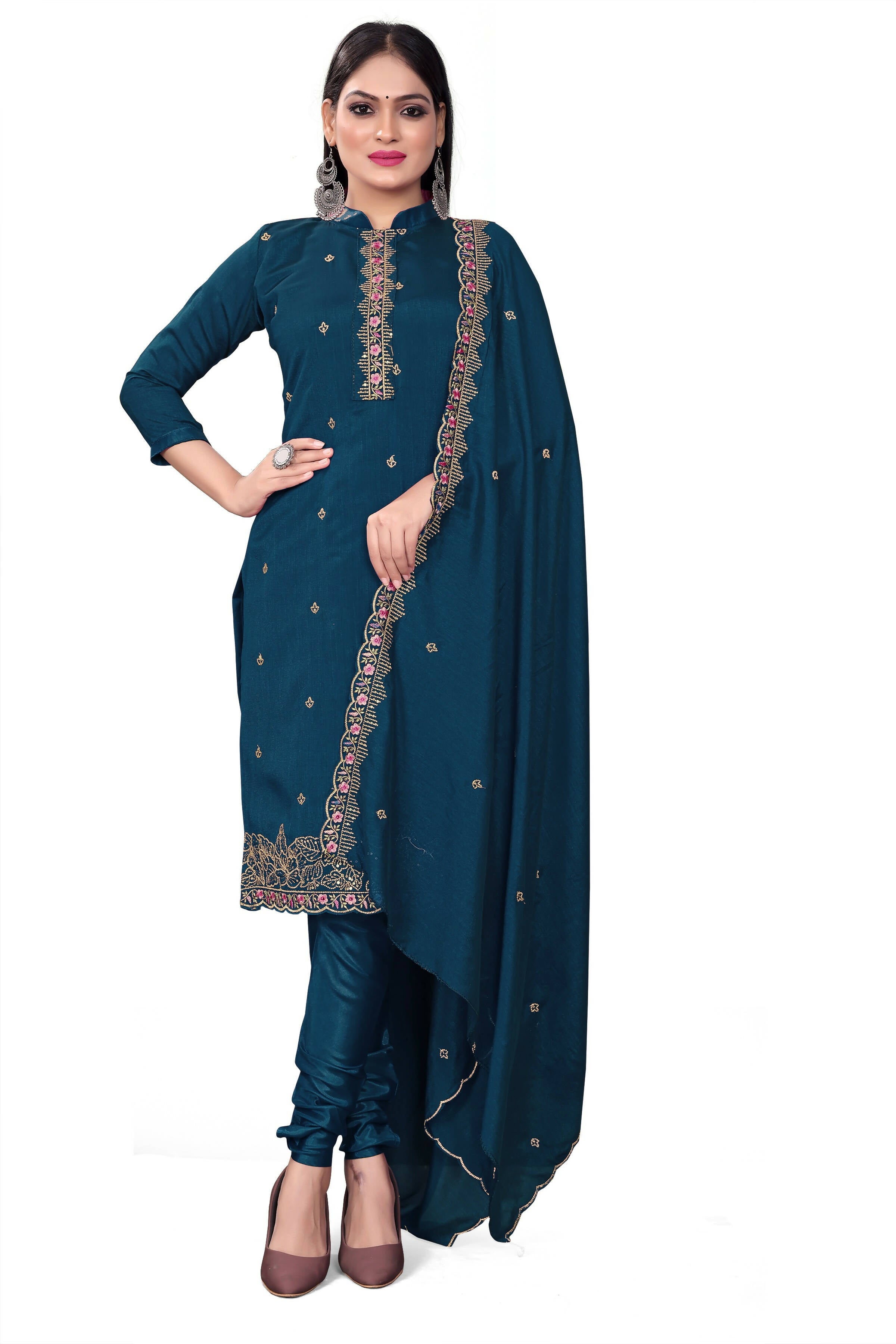 Blue Silk Embroidered with Sequins work Unstitched Dress Material - Tanvi - Distacart