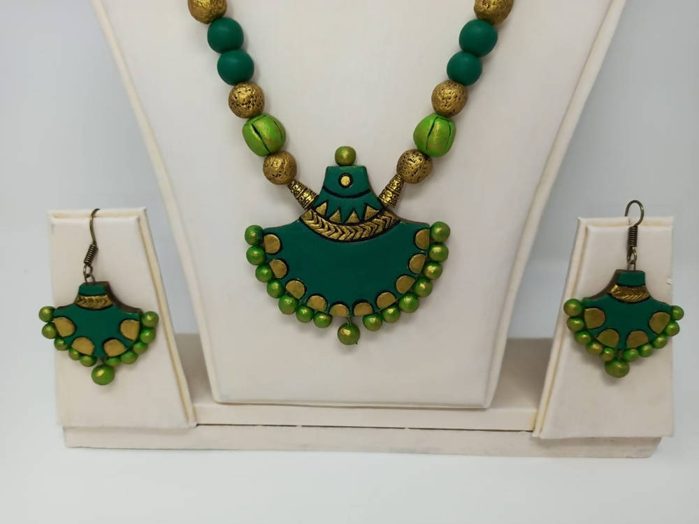 Terracotta Green Long Necklace Set with Matching Earrings