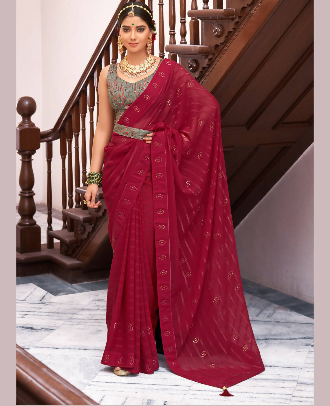 Maroon Georgette Swaroski Work Saree With Unstitched Blouse Piece - Juhi - Distacart
