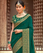 Thumbnail for Bottle Green Vichitra Stone Work Saree With Unstitched Blouse Piece - Rosy - Distacart