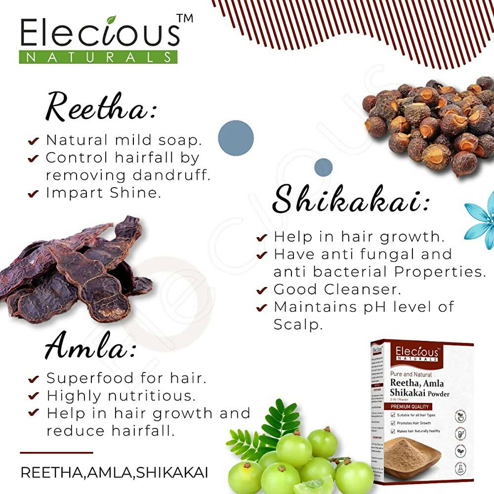 Elecious Naturals Amla, Reetha, Shikakai 3-in-1 Powder For Hair Cleanser - Distacart