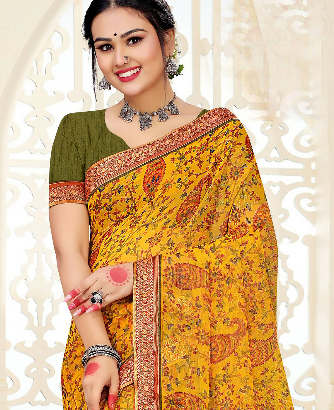 Yellow Chiffon Brasso Printed Saree With Unstitched Blouse Piece - Jyoti - Distacart