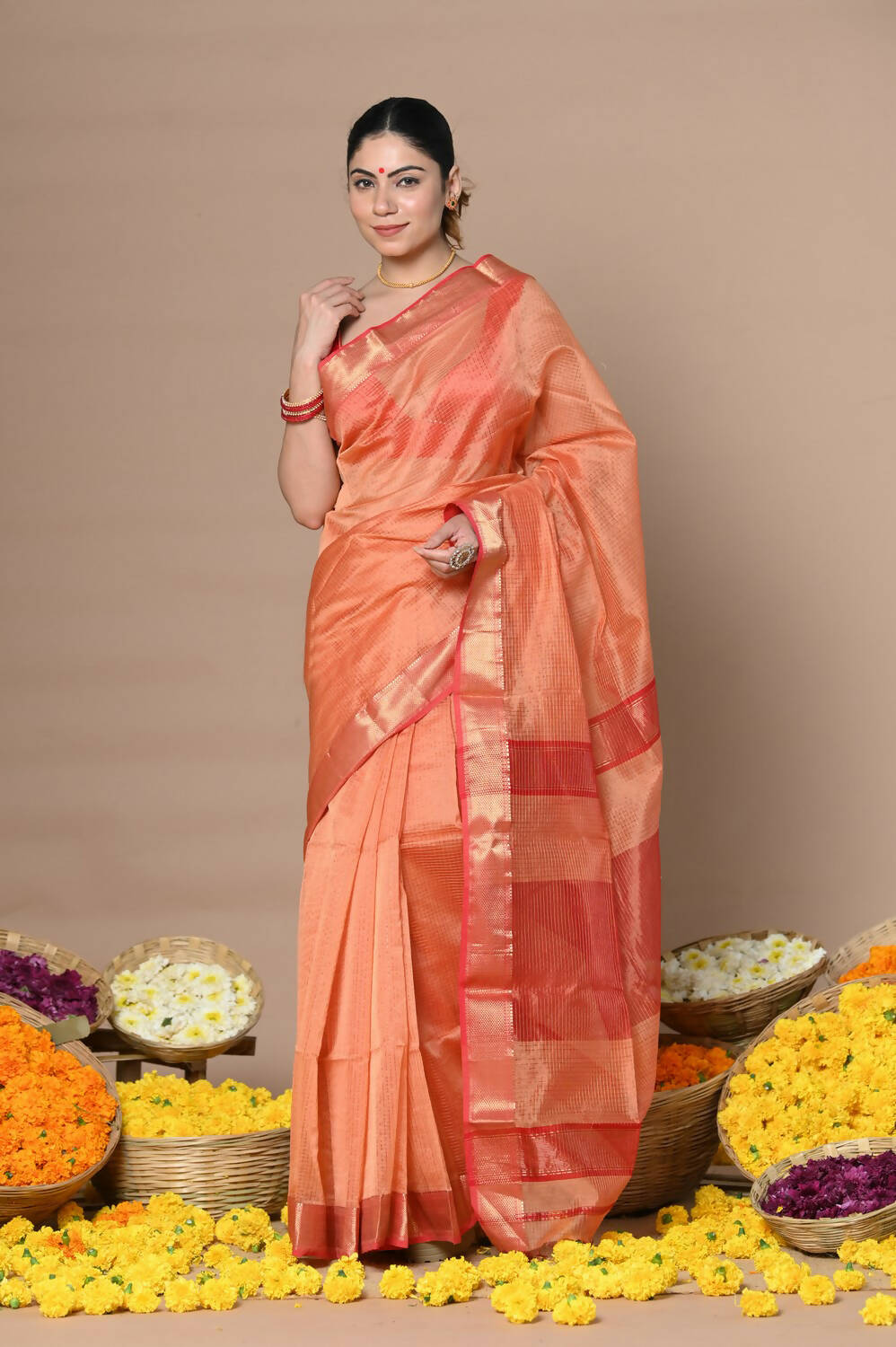Very Much Indian Rajsi - Handloom Ari Checks Cotton Silk Saree With Golden Border - Orange - Distacart