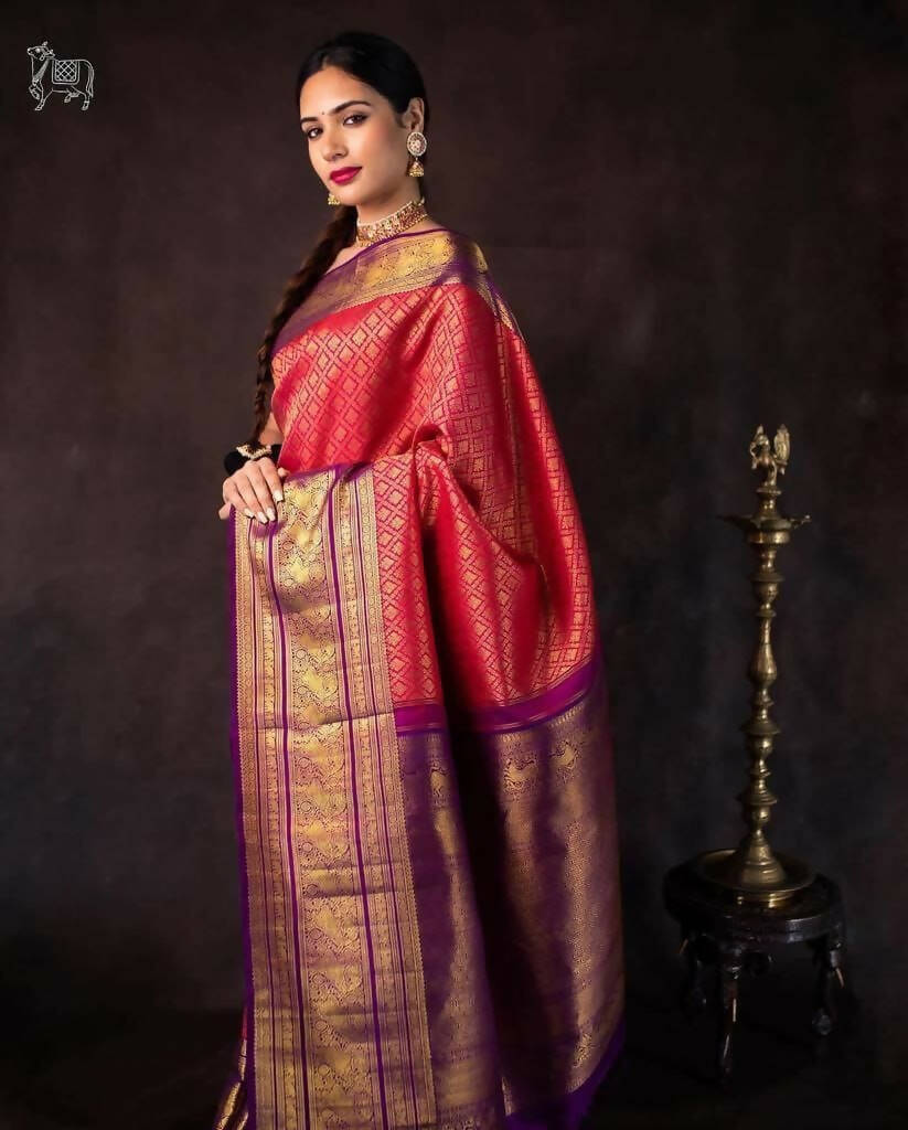 DEIANA'S Beautiful Golden Jari with New Design Soft Lichi Silk Saree - Red - Distacart