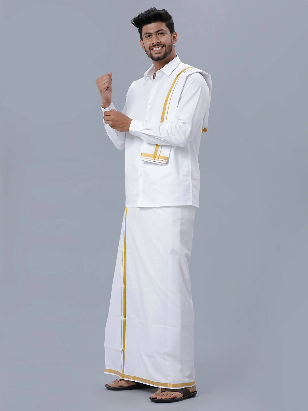 Ramraj Cotton Premium Wedding White Readymade Dhoti, Shirt & Towel Set Dhanvanthri - Distacart