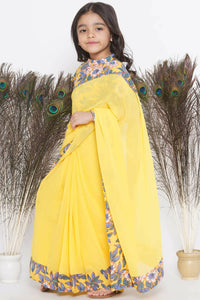 Thumbnail for Little Bansi Floral Print Ready To Wear Saree And Floral Blouse - Yellow - Distacart