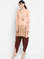 Thumbnail for Janasya Peach-Coloured & Maroon Printed Angrakha Gotta Patti Kurta with Dhoti Pants - Distacart