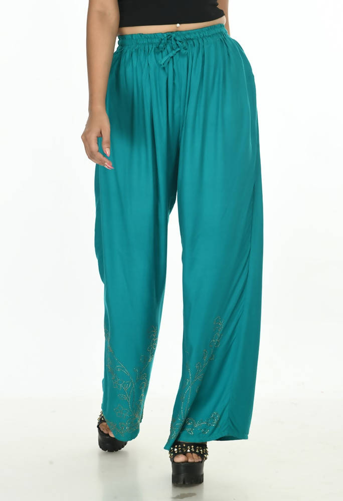 Mominos Fashion Moeza Reyon Cotton Rama Green Color Sirsoki Work Palazzo