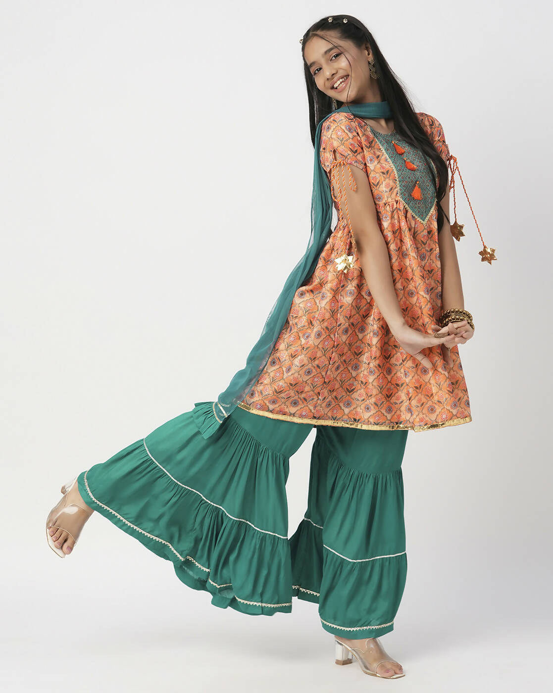Lil Drama Raangoli Girls Orange Kurta With Sharara&Dupatta Set - Distacart