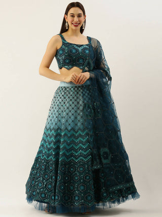 House of Panchhi Women Teal Net Embroidered Sequins Lehenga & Blouse with Dupatta - Distacart