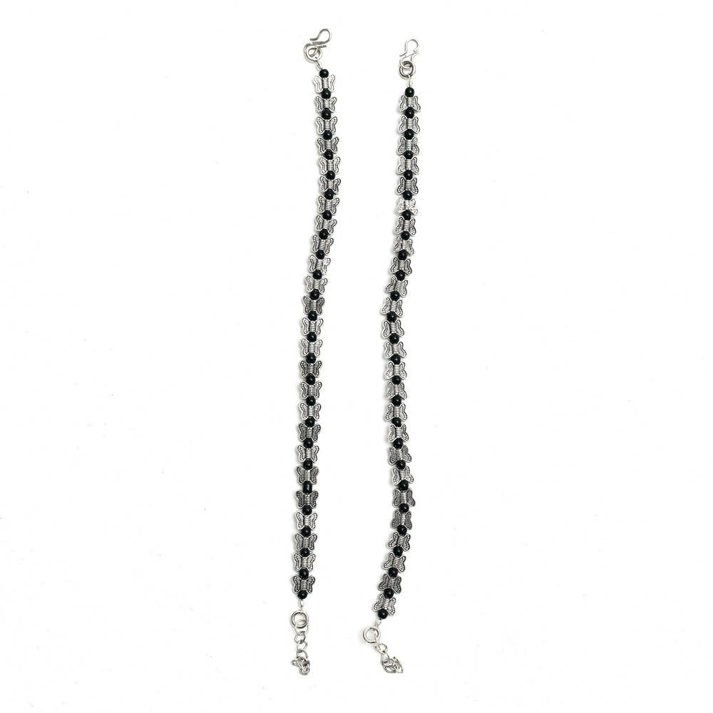 Mominos Fashion Kamal Johar Oxidised Silver Butterfly Anklets