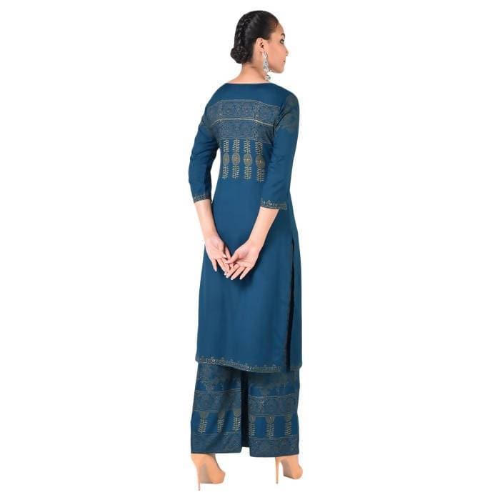Aniyah Rayon Block Print Front Slit Straight Kurta With Palazzo Set In Blue (AN-166K)