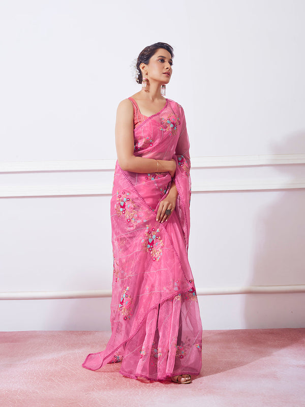 Women Party Wear Embellished Worked Brasso Saree with Un Stitched Blouse