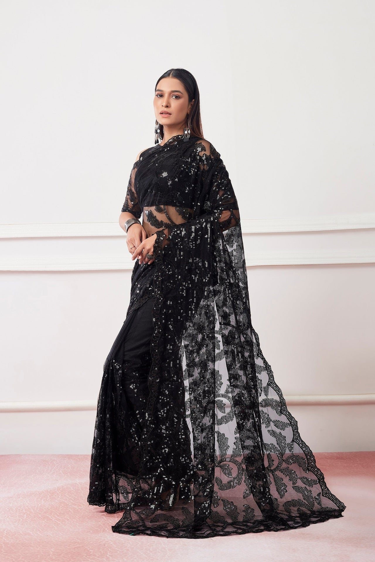 NOZ2TOZ Women Party Wear Sequnce Worked Saree with Designer Un Stitched Blouse - Black - Distacart