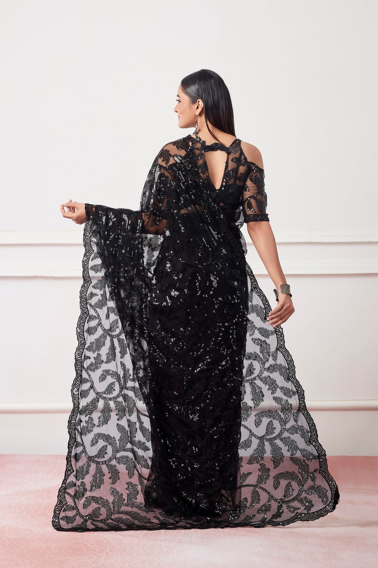 NOZ2TOZ Women Party Wear Sequnce Worked Saree with Designer Un Stitched Blouse - Black - Distacart