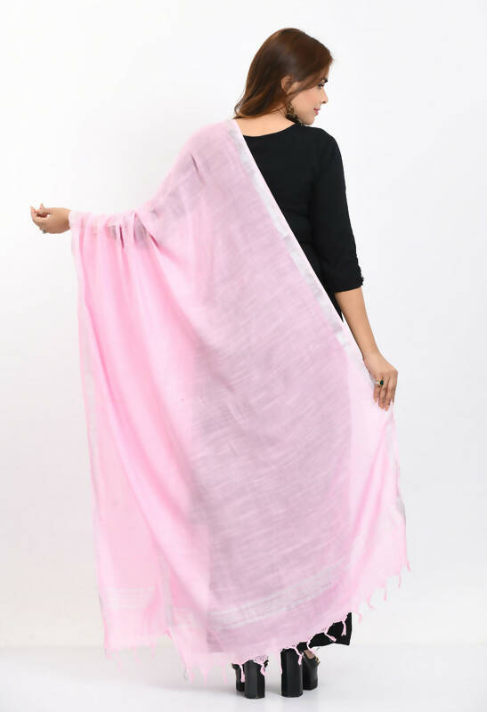 Mominos Fashion Moeza Women's Linen Cotton Silver Border Baby Pink Dupatta - Distacart