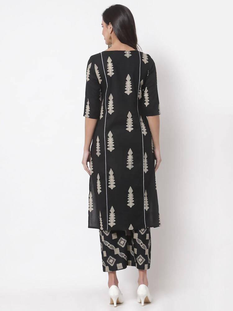 Myshka Women's Black Cotton Blend Printed 3/4 Sleeve Round Neck Casual Kurta & Palazzo Set