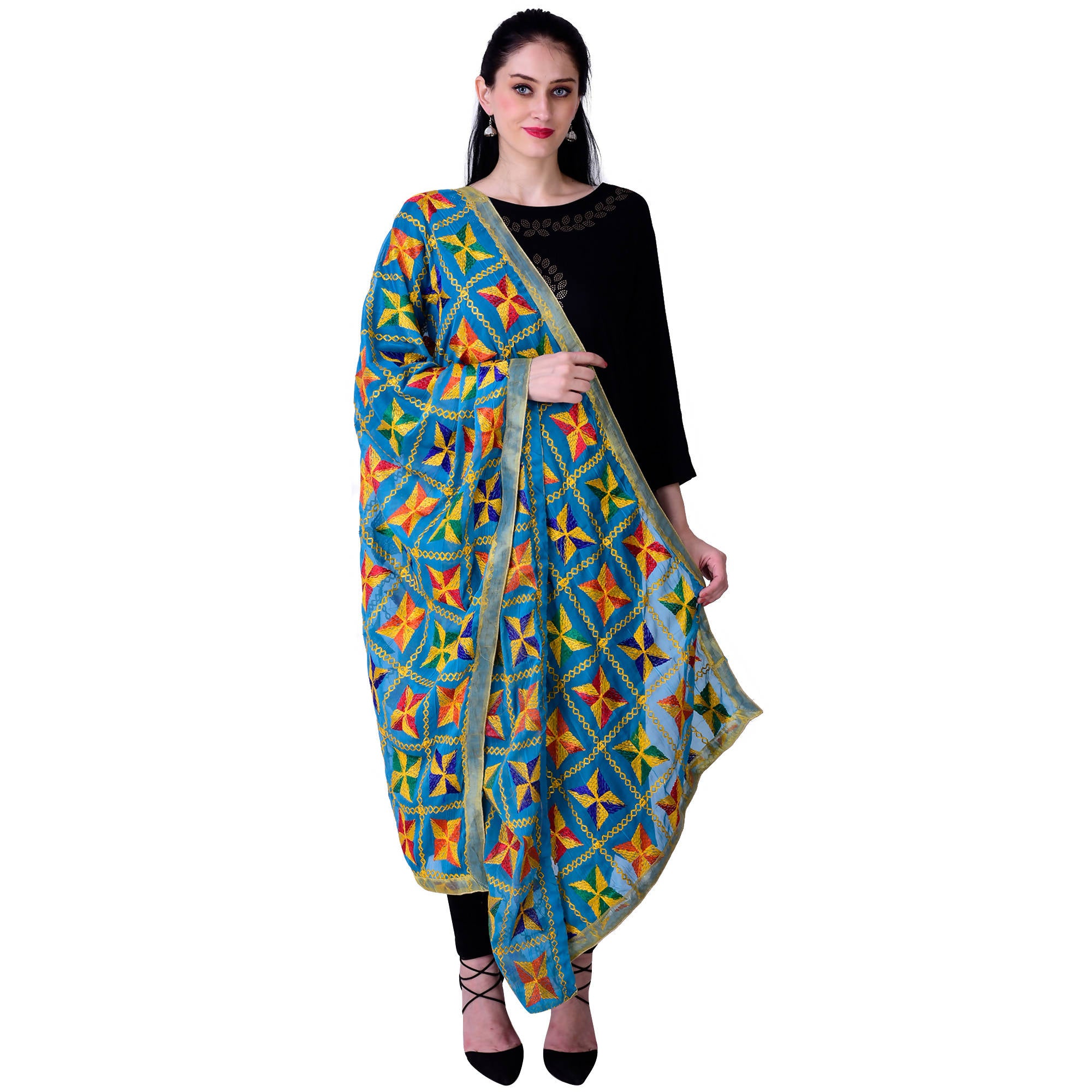 SWI Stylish Women's Embroidered Phulkari Chiffon Turquoise Dupatta