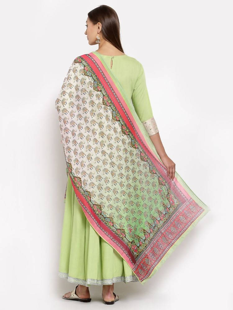 Myshka Women's Green Royan Printed 3/4 Sleeve Round Neck Casual Anarkali Kurta Dupatta Set